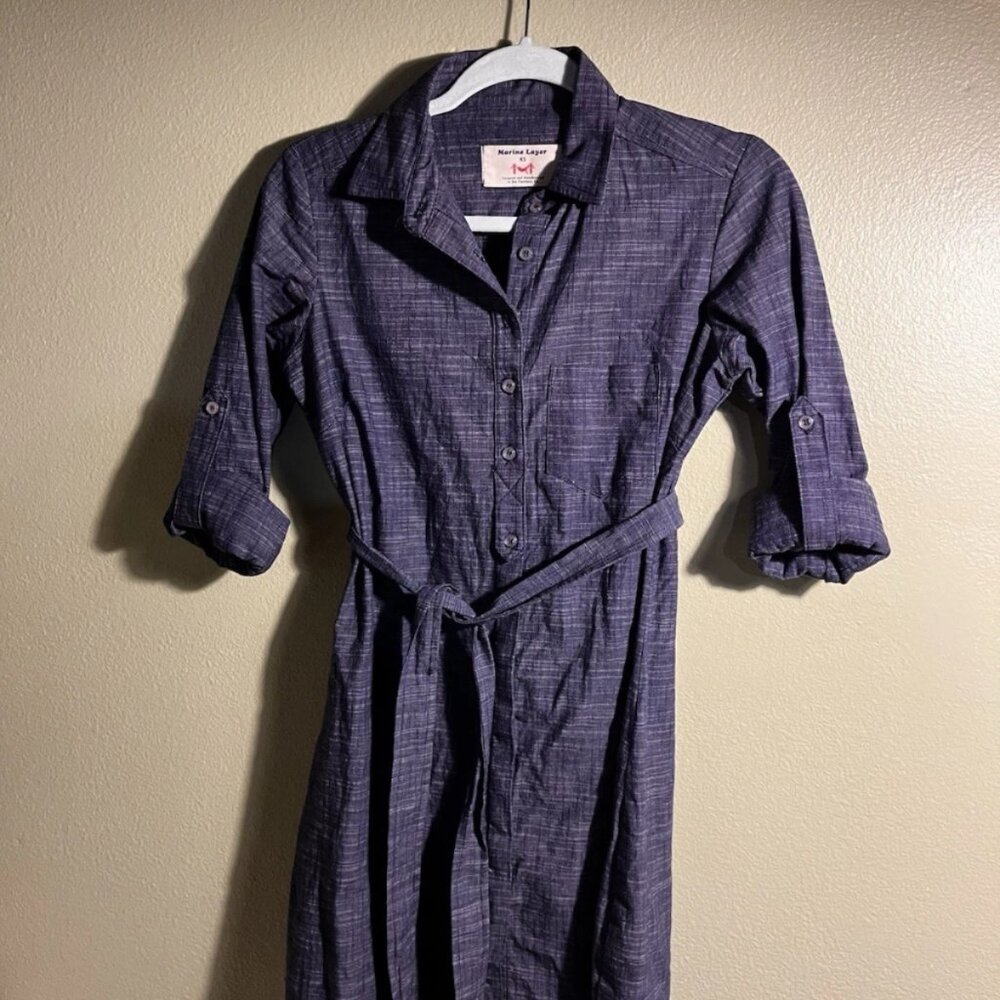 Marine Layer Dress Denim Blue Button Down Belted 3/4 Rolled Tab Sleeves XS